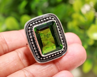 Peridot Sterling Silver Ring: Green Gemstone Boho Band, Handmade