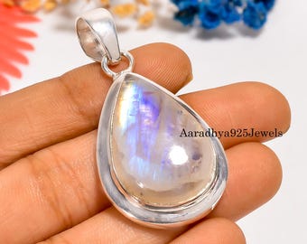 Handmade Teardrop Rainbow Moonstone Pendant: 925 Sterling Silver