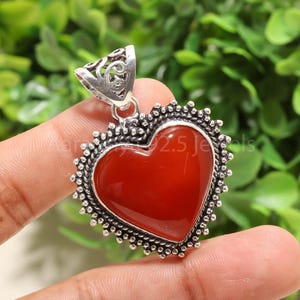 Puede incluir: Un colgante en forma de coraz&oacute;n con un centro de piedra rojo oscuro pulido. El colgante est&aacute; enmarcado por un borde de cuentas plateado y una fianza decorativa. El fondo es follaje verde borroso.