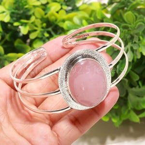Rose Quartz Bracelet, 925 Sterling Silver Bangle, Women&#39;s Pink Gemstone Bangle, Handmade Silver Bangle, Heavy Design Bangle, Gift For Her