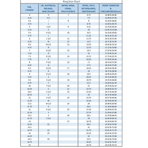 May include: A ring size chart with measurements for USA, UK, Japan, and other countries. Includes ring sizes from 4 to 15, with corresponding inside diameter and circumference in millimeters.