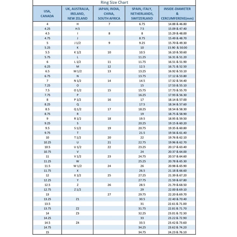 May include: A ring size chart with measurements for USA, UK, Japan, and other countries. Includes ring sizes from 4 to 15, with corresponding inside diameter and circumference in millimeters.