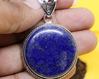 Lapis Lazuli Sterling Silver Pendant: Round Boho Gemstone, Handmade