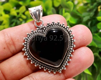 Dainty Black Onyx Heart Pendant: 925 Sterling Silver, Handmade