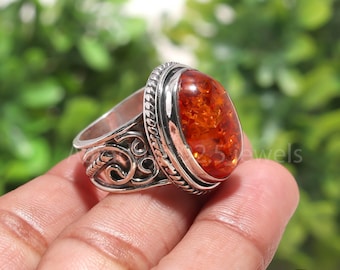 Baltic Amber Sterling Silver Ring: Oval Cabochon Statement Band