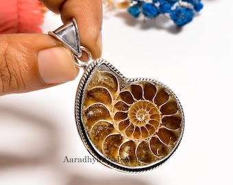 Handmade Sterling Silver Ammonite Fossil Pendant - Gemstone Necklace