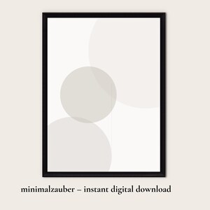Könnte beinhalten: Gerahmter Kunstdruck mit minimalistischem Design. Er zeigt sich überlappende graue Kreise auf weißem Hintergrund, eingefasst in einen schwarzen Rahmen. Der Text "minimalzauber - instant digital download" befindet sich unten.