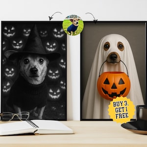 Aangepaste Halloween huisdier portret, grappig griezelig huisdier portret, hond met pompoen grappige kunst, spookhond kostuum huisdier kunst aan de muur, digitale download