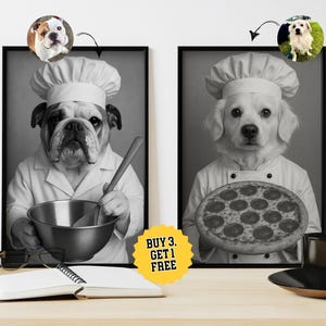Custom Pet Portraits, Chef Pet Portrait, Dog Drinking Coffee, Funny Pet Portrait, Kitchen Dog Wall Art, Pet in Kitchen, Dining Room Decor
