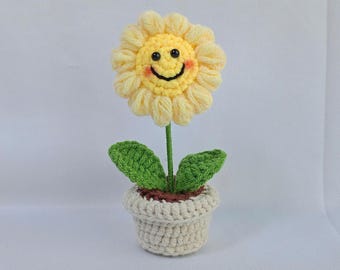 Handmade Crochet Sunflower Pot, Desk Decor Gift
