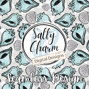 May include: Seamless design featuring light blue and gray seashells on a light gray background. The design includes the text "Salty Charm Digital Designs" and "Seamless Design" in a circular logo.