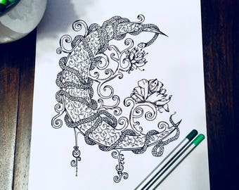 Adult Coloring Page Crescent Moon - Serpent Design - Original Snake Art - Nature Floral Illustration