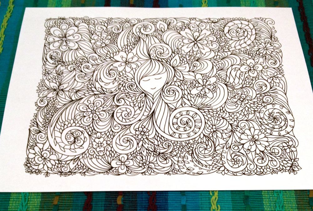 Adult Coloring Page Girl and Swirls Doodle Design Zentangle Printable ...