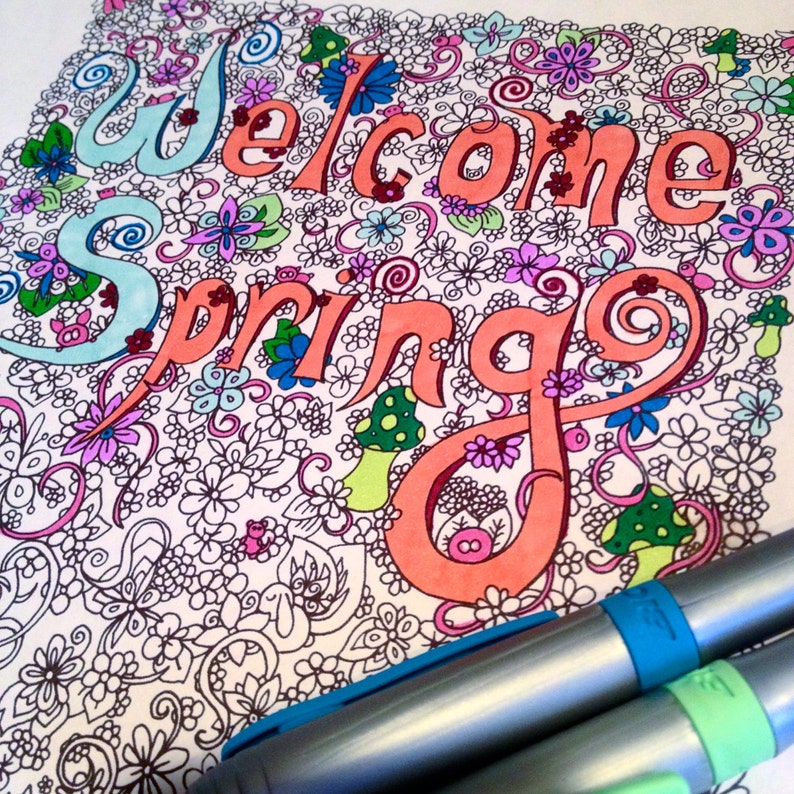 Adult Coloring Page 'Welcome Spring' Decor Doodle Flower Design Mushrooms Printable Instant Download image 1