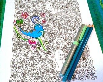 Adult Coloring Page Birds Woodland Doodle Nature Flower Design Printable Drawing Kids Art Activity