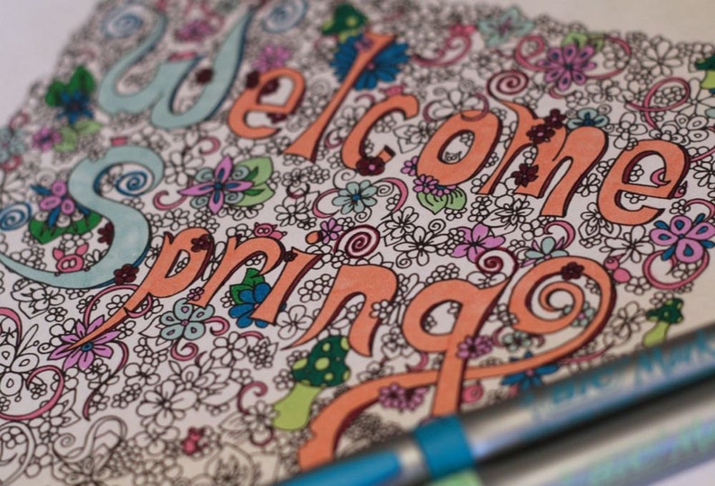 Adult Coloring Page 'Welcome Spring' Decor Doodle Flower Design Mushrooms Printable Instant Download image 3
