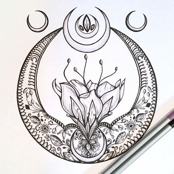 Adult Kids Coloring Page crescent Moon Original Lotus Flower Nature Art