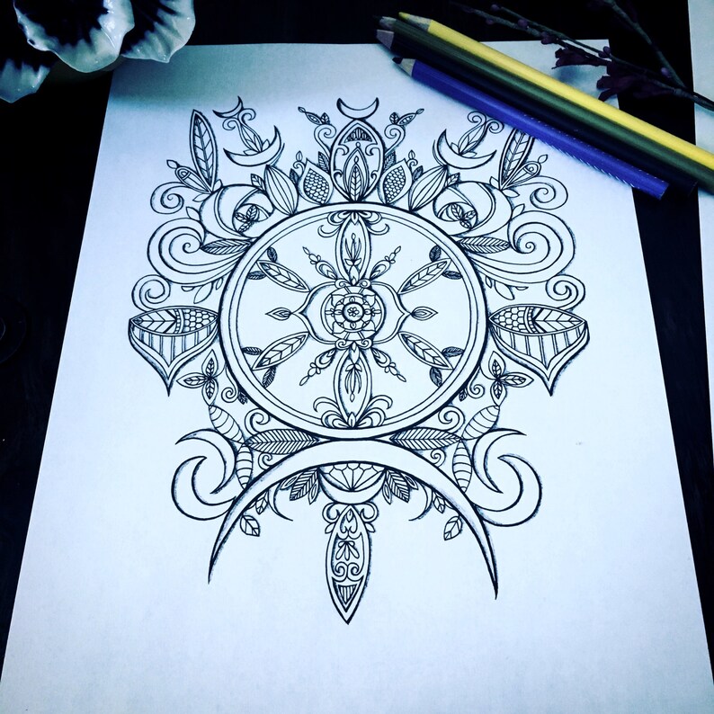 Download Crescent Moons Adult Coloring Page Set of Three Original Art | Etsy