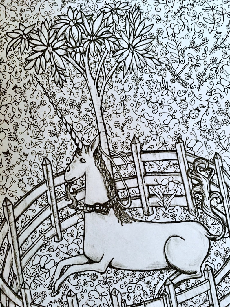 Unicorn Adult Coloring Page Medieval Tapestry Flower Leaf Scroll