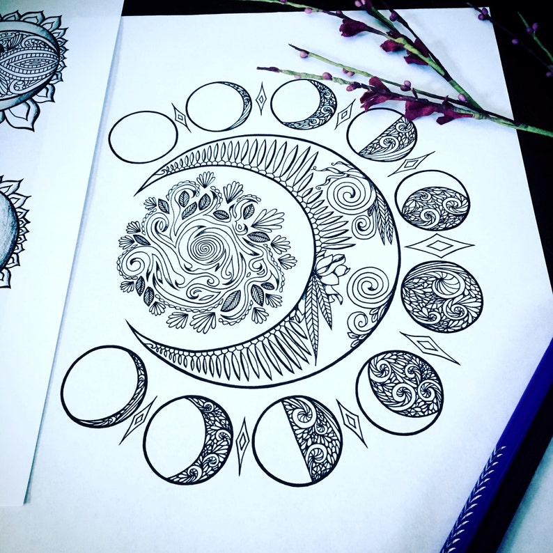 Crescent Moons Adult Coloring Page Set of Three Original Art Moon