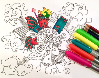 Mandala Adult Coloring Page Village Doodle Original Art Kids Fun Design