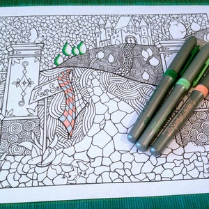Coloring Page Doodle Castle Scene Nature Design Adult Kids Printable Drawing Art Activity image 1