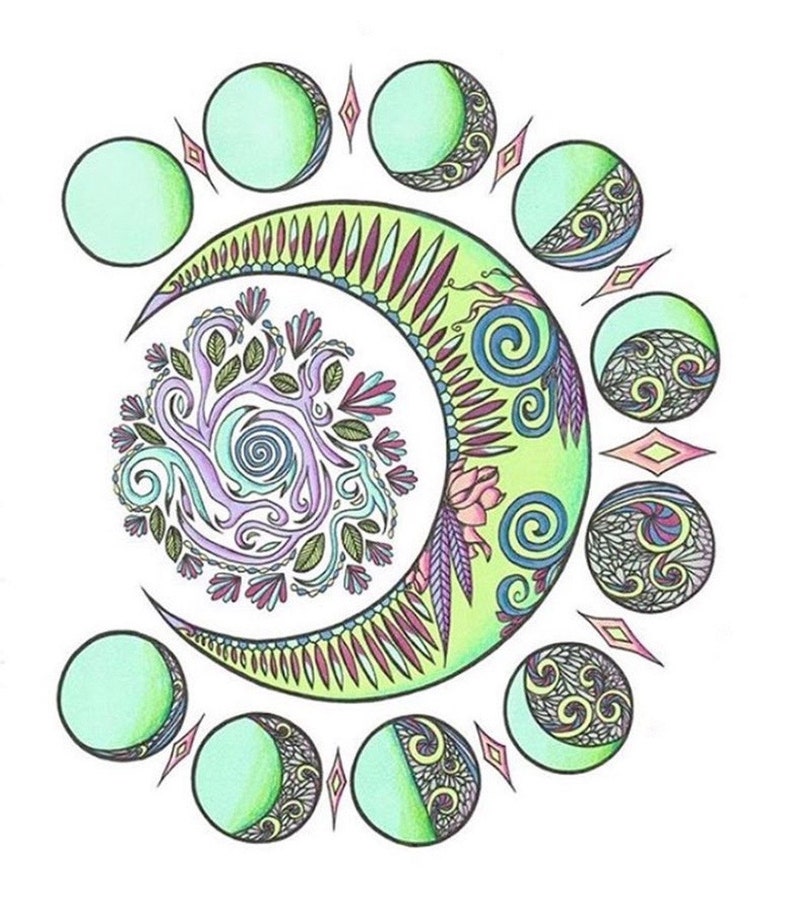 Crescent Moons Adult Coloring Page Set of Three Original Art Moon