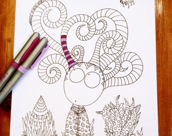 Doodle Story Creatures Coloring Page Alien Monster Horns Original Art Kids Fun Design