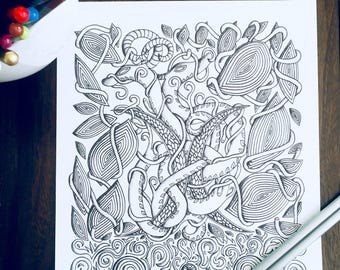 Adult Kids Twin Moons Coloring Page Original Snake Nature Art