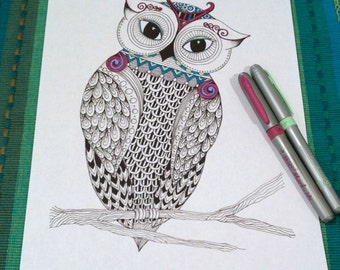 Adult Coloring Page Owl Zentangle Doodle Design Printable Instant Download Kids Animal Activity