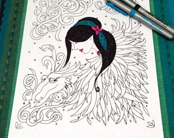 Dragon Lady Coloring Page Zentangle Kids Adult Doodle Design Printable Instant Download Zen Art Therapy