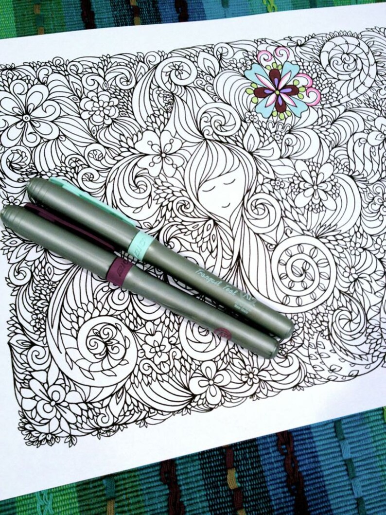 Adult Coloring Page Girl and Swirls Doodle Design Zentangle Printable ...
