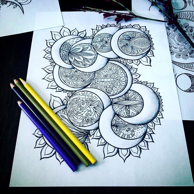 Crescent Moons Adult Coloring Page Set of Three Original Art Moon
