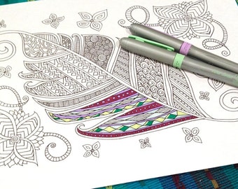 Adult Coloring Leaf Page Flower Doodle Design Printable Instant Download Kids Activity