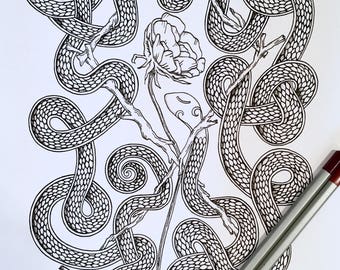 Adult Coloring Page Snake Othala Rune Original Nature Art Viking Old Norse