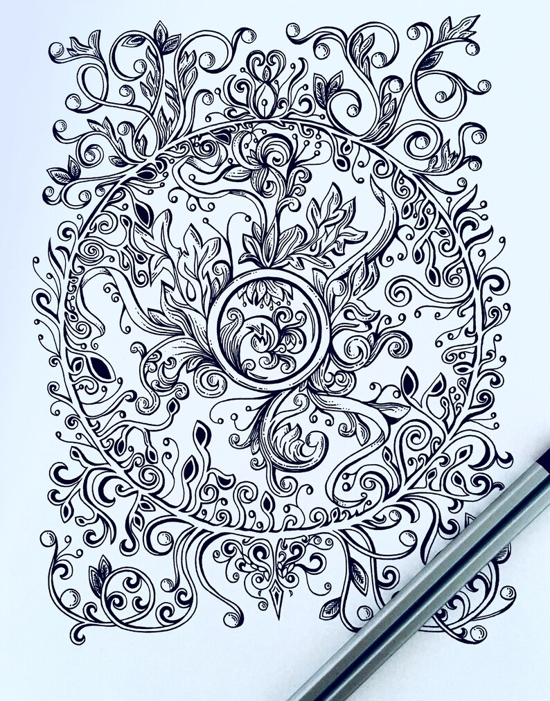 Adult Coloring Vine Page Swirl Design Original Nature Art Leaf ...