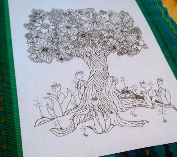 Adult Coloring Page Girl Reading Woodland Tree Doodle Nature Etsy
