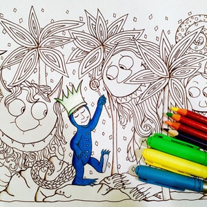May include: A black and white line drawing of characters from "Where the Wild Things Are" with a blue figure wearing a crown. Colored pencils and markers in various colors are arranged on the right side of the image.