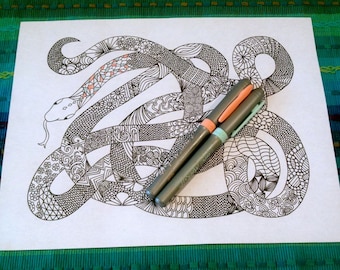 Zentangle Snake Coloring Page Doodle Animal Design Printable Pattern Illustration Kids Art Adult Activity