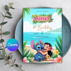 Convite de aniversário Lilo e Stitch | Convite havaiano editável | Lindo convite para o aniversário do seu pequeno | Lilo e Stitch