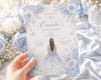 May include: A rectangular invitation card for a Quinceañera featuring a central illustration of a person in a blue gown, surrounded by blue roses and butterflies. The text reads: You are invited to Camila's Quinceañera, Saturday September 20, 2026.