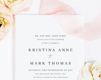 Traditional Wedding Invitation Set, Minimalist Wedding Invite, Simple Wedding Announcement, Plain Wedding Save the Date Card PRINTABLE