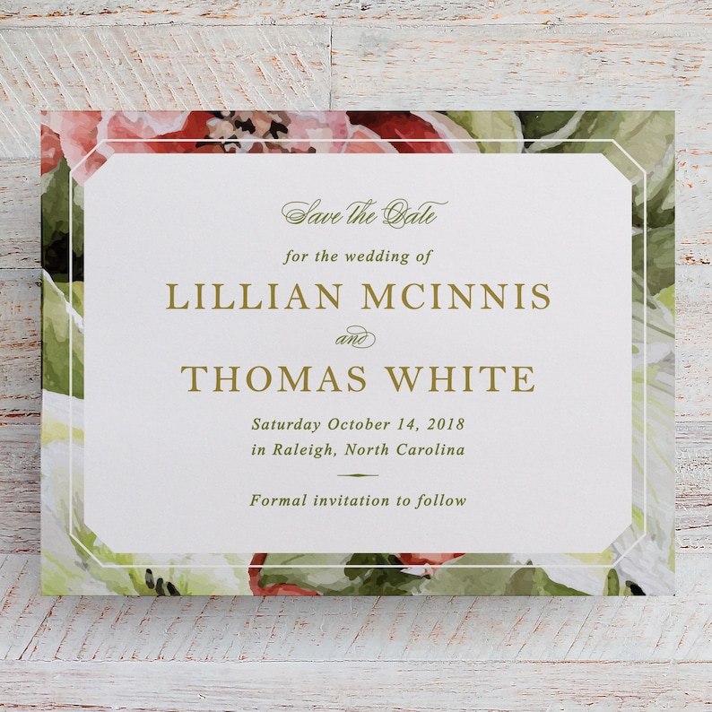 Garden Wedding Floral Save the Date for Burgundy Wedding or Outdoor Wedding featuring Watercolor Flowers and Offered Printable or Printed