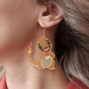 FSL Charmander Pokemon Earrings, Machine Embroidery Design, Charmander Charm Keyring Ideal, Anime Jewelry Pattern, 3 sizes, Instant Download
