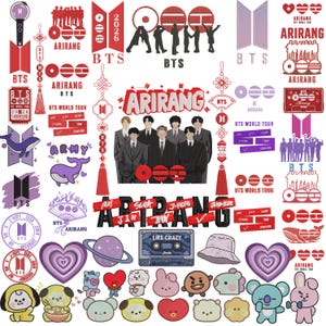 May include: A collection of digital stickers featuring the K-pop group BTS, including the text ARIRANG, BTS WORLD TOUR, and LIKE CRAZY. The designs include silhouettes of the members, purple whales, hearts, planets, cassette tapes, and cartoon characters.