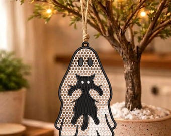 FSL Halloween Geist hält schwarze Katze Ornament Stickdatei sofort verfügbar 3 Größe Download