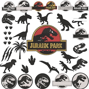 May include: A selection of black dinosaur silhouettes and logos, including the "Jurassic Park" logo in red and gold. Various dinosaur shapes, footprints, and claw marks are also featured.