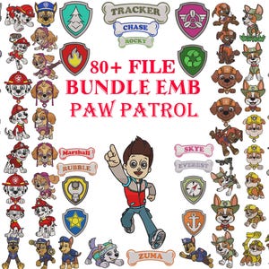 Puede incluir: Una colección de diseños de bordado de Paw Patrol, que incluye personajes, insignias y texto. La imagen presenta varios personajes de perros en diferentes poses y uniformes, junto con el texto "80+ FILE BUNDLE EMB PAW PATROL".