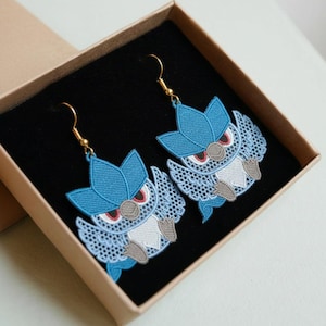 May include: A pair of owl-shaped earrings with gold-colored hooks, presented in a gift box. The earrings feature a blue and white design with red accents, showcasing intricate detailing. The owl's eyes are red, and the wings have a delicate, lacy appearance.