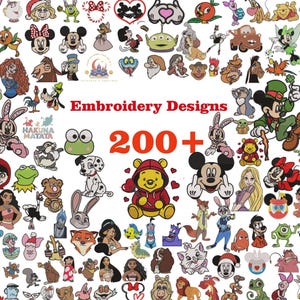 Puede incluir: Una colección de coloridos diseños de bordado con personajes de dibujos animados, incluyendo Mickey Mouse, Winnie the Pooh y princesas de Disney. La imagen incluye el texto "Embroidery Designs" y "200+".